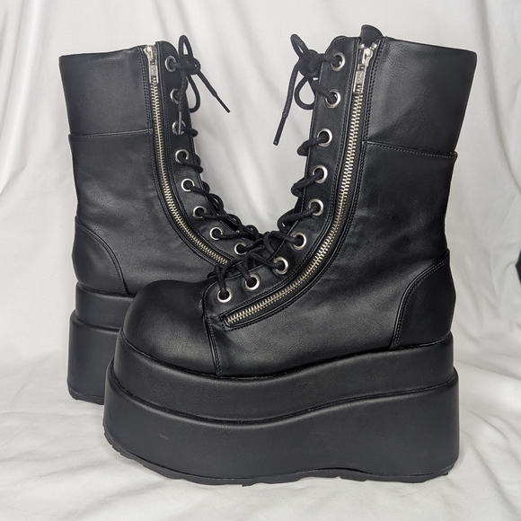 Demonia Bear-265 Front Lace Mid Calf Platform Boots Black Vegan Leather - Picture 4 of 11